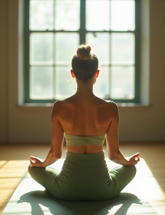 Soft editorial shot of a beginner yoga student in a peaceful Brooklyn studio