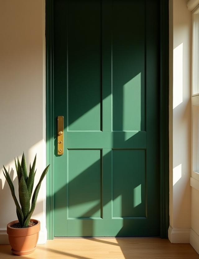 Sunlight streaming through the moss-green doors of the yoga studio