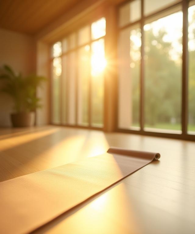 Zen yoga studio atmosphere with soft light
