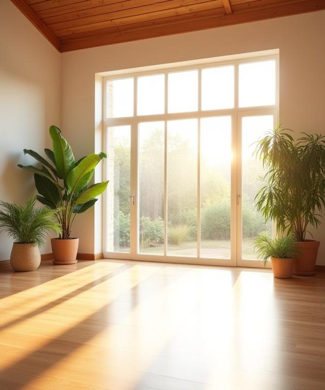 A brightly lit yoga studio with warm wooden floors and plants